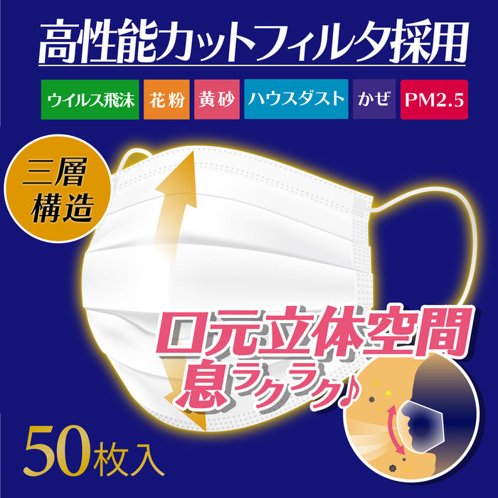 三層構造 口元空間ドーム型マスク キッズサイズ 園児・低学年用 50枚入